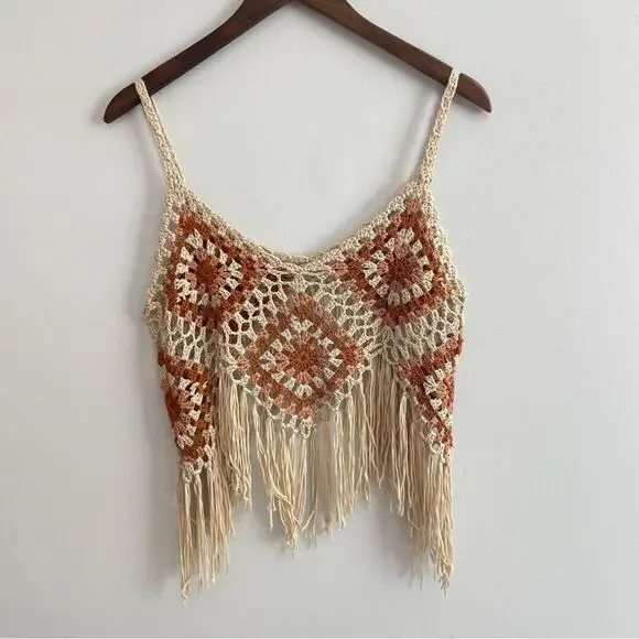 Vintage | Handmade Crocheted Sleeveless Tank Boho Tassels Festival Fringe Top S - Picture 3 of 6